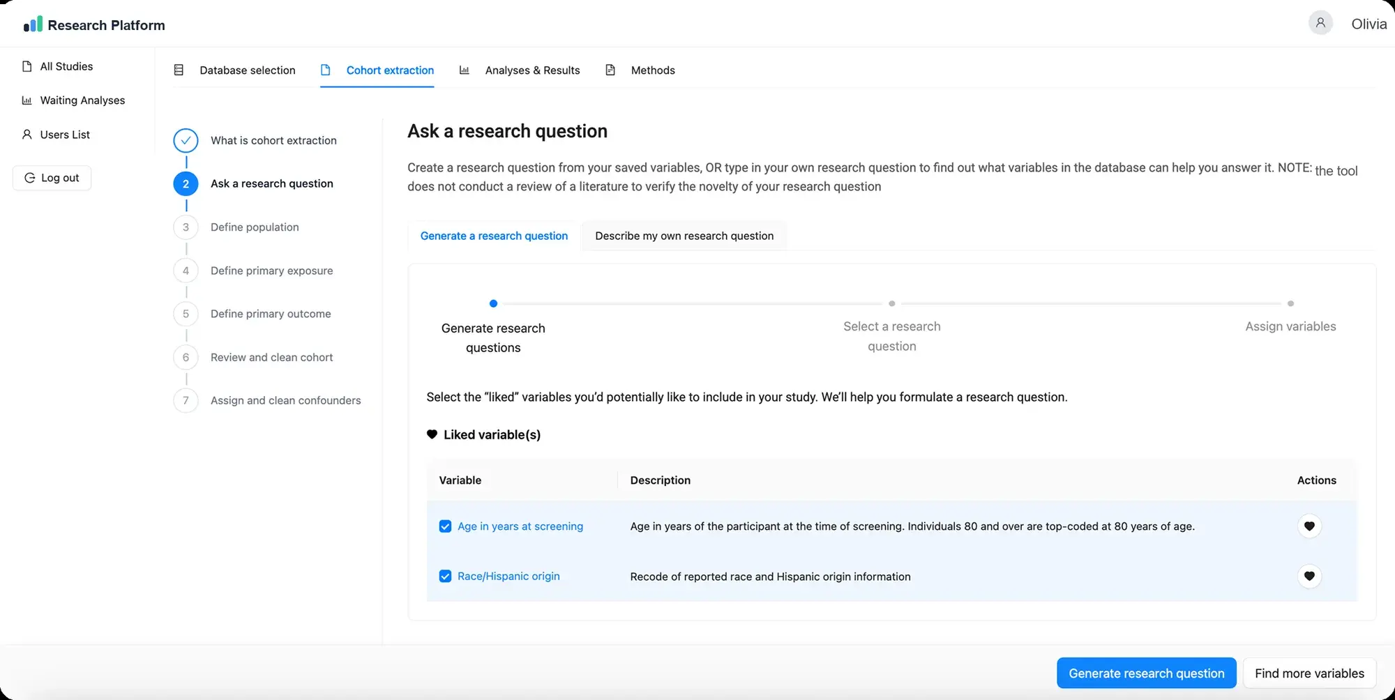 Research question generation from selected variables