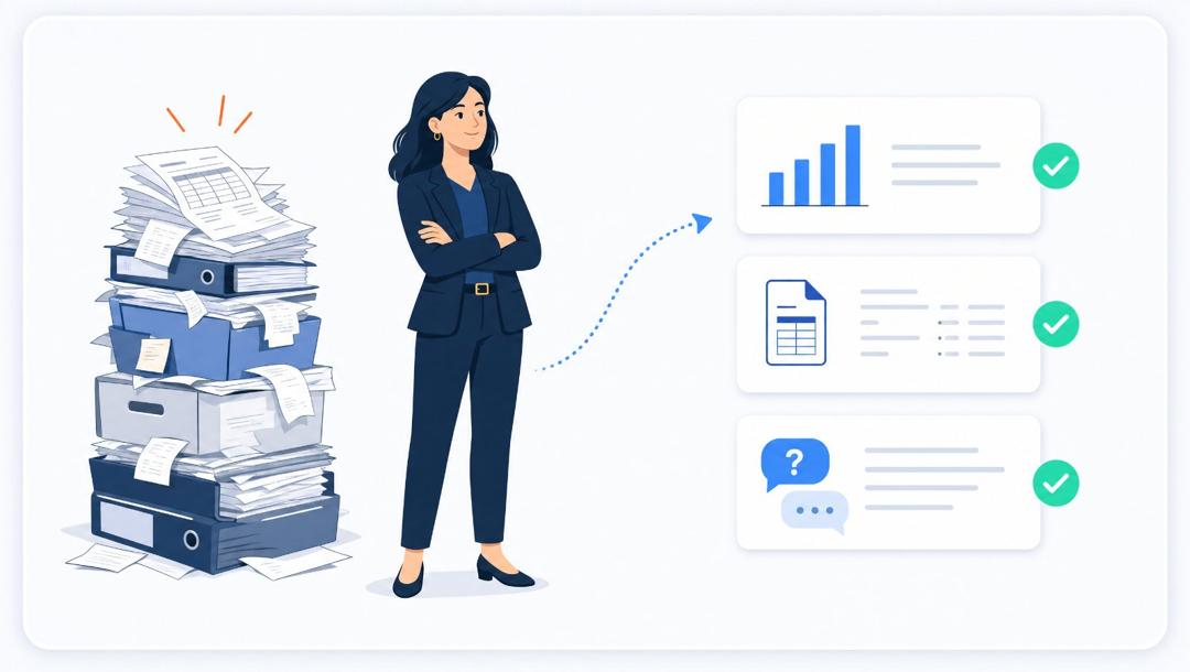 A confident finance and operations professional freed from invoices, spreadsheets and folders, with Claude handling reporting, document extraction and policy Q&A, each marked complete.