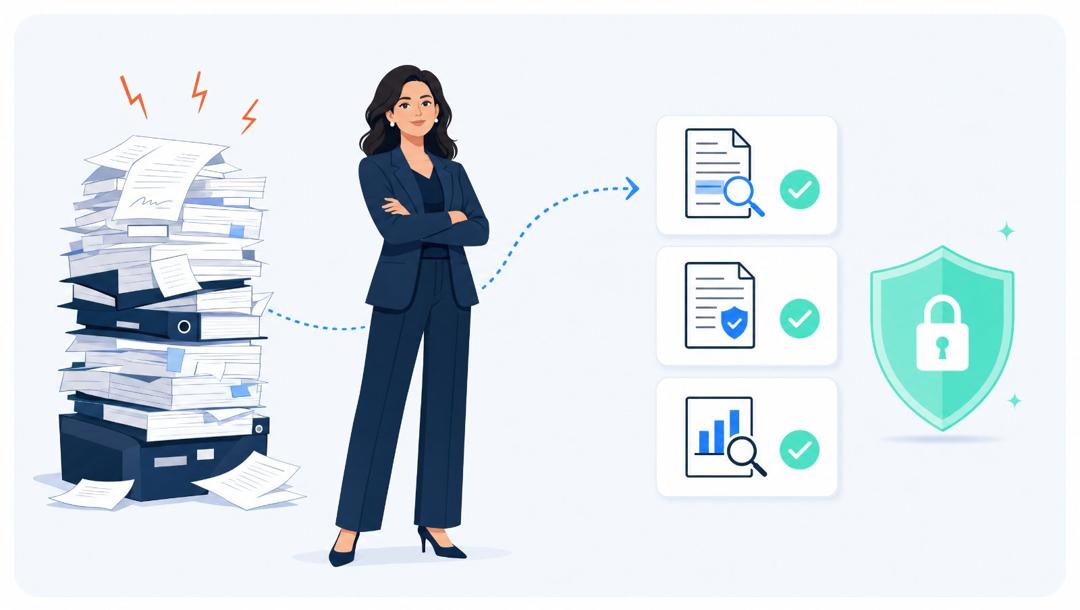A confident in-house lawyer freed from a contract and policy pile, with Claude handling first-pass contract review, policy drafting and regulatory research under a security shield, each marked complete.