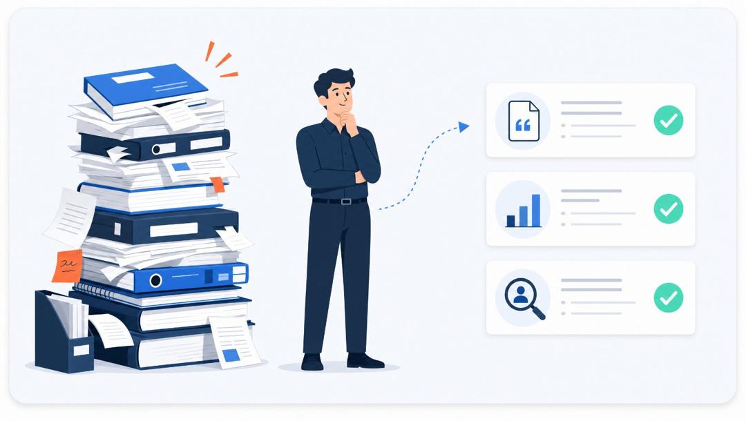 Research briefing output with inline citations, confidence indicators, and source coverage across web, DMS, BI tools, and internal knowledge bases.