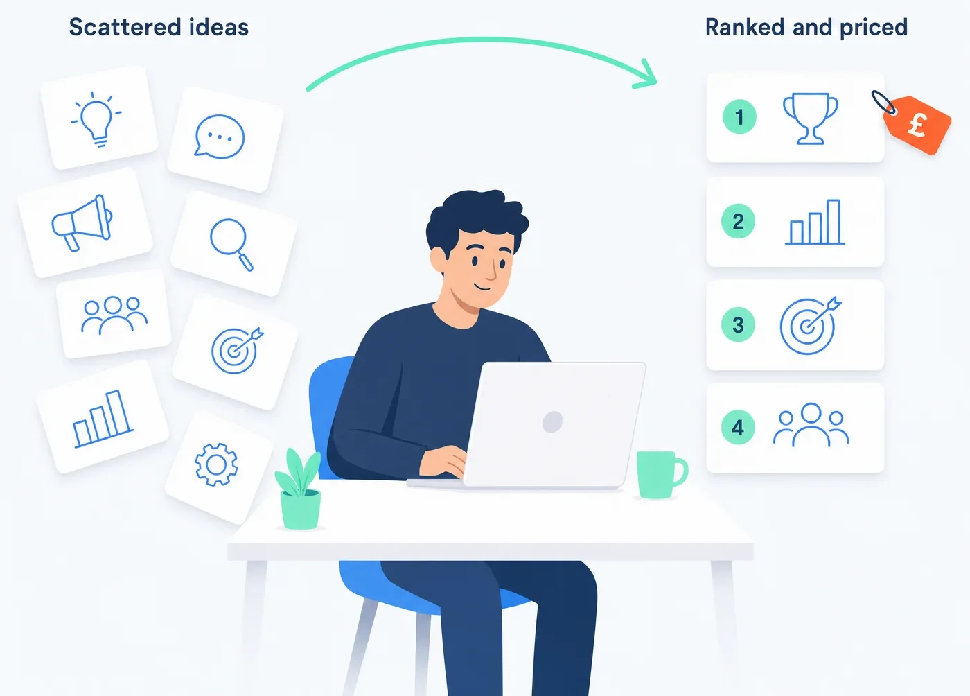 A scattered set of AI ideas on the left resolved into one ranked, priced list of use cases on the right.