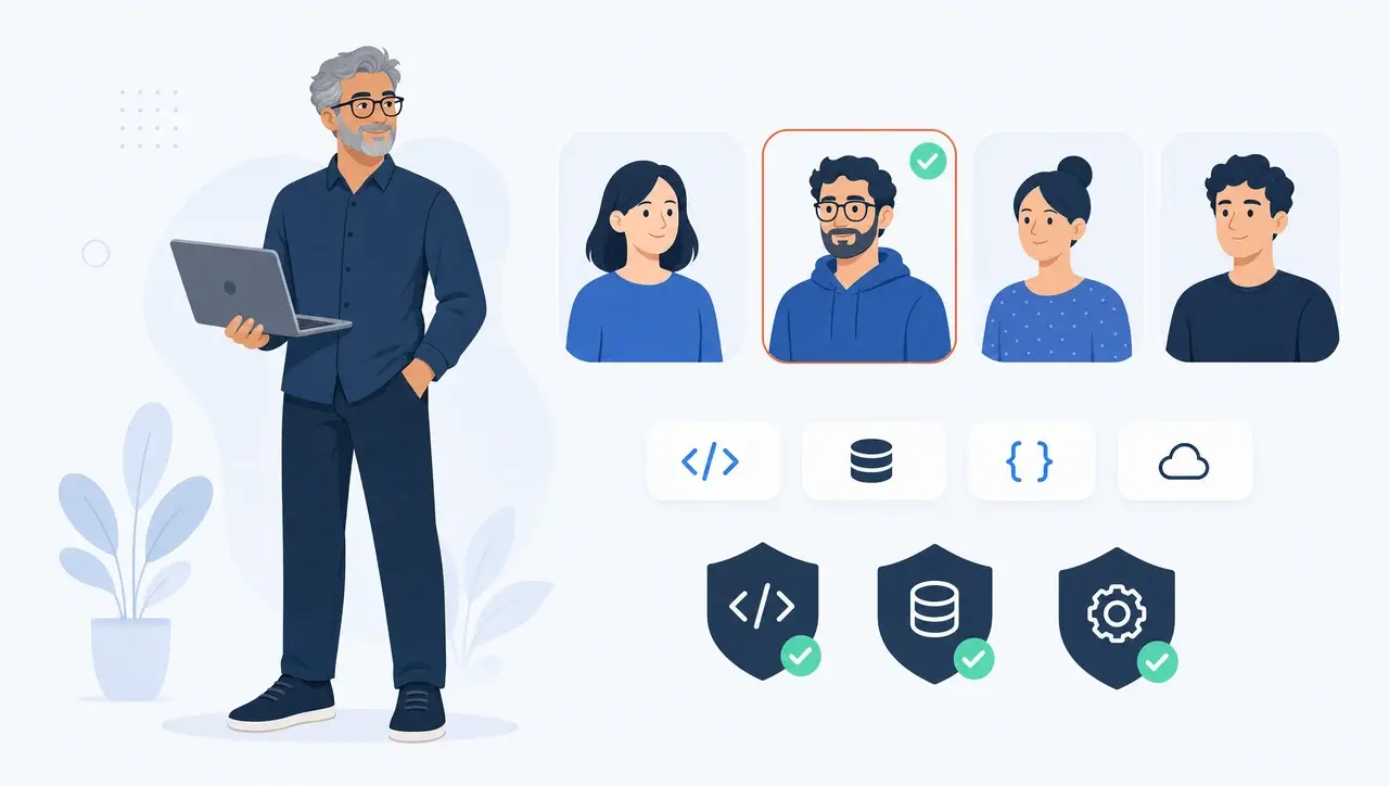 A senior AI engineer joining a client team, with a matched expert highlighted and certification badges.