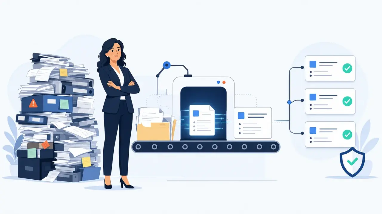 A compliance officer freed from checking every file by hand, with an AI pipeline reading the files and flagging only the exceptions for sign-off, with a full audit trail.