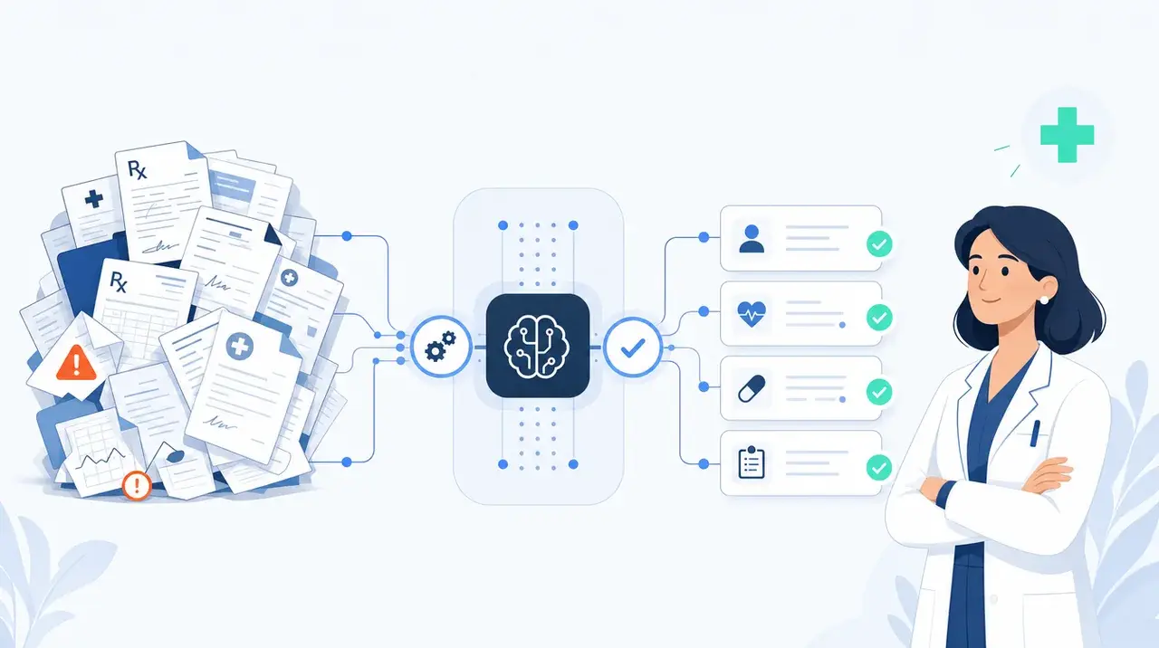 A pharmacist or clinical-ops professional reviewing only the exceptions while an AI pipeline handles routine regulated processing, with every step logged.
