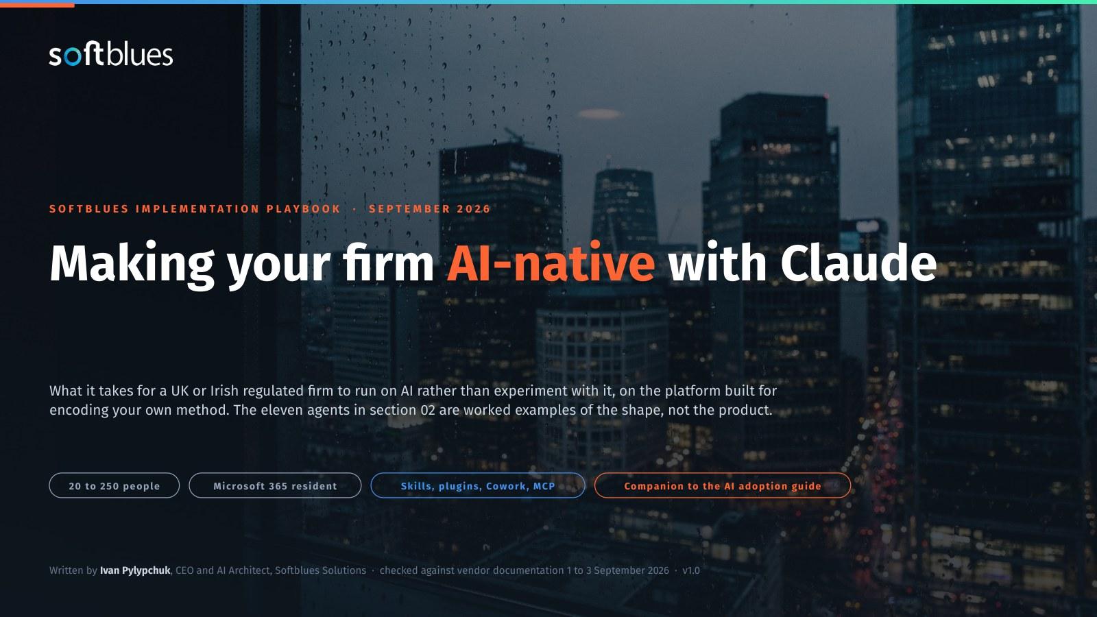 Cover of the Softblues deck: Making your firm AI-native with Claude